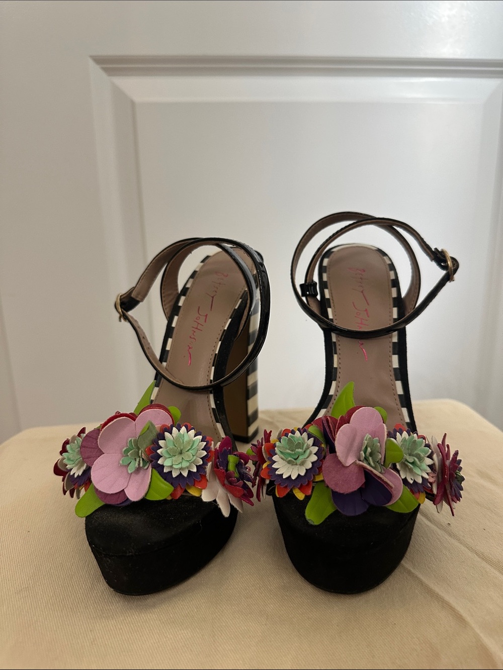 Betsey Johnson Black Platform Sandals with Multicolor Floral Accents
